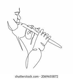 a continuous drawing of a girl with a flute in her hands. A young flutist plays a classical musical instrument.