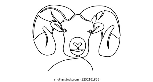 Dibujo continuo de la cabeza de un ariete de montaña con cuernos en una línea. Ilustración del vector