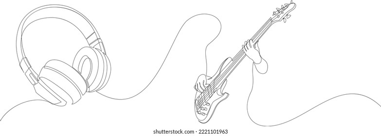 Continuous drawing of headphones and guitar player. Listening to music concept. Vector illustration.