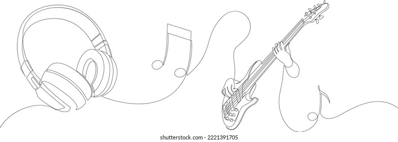 Dibujo continuo de auriculares, guitarrista y notas. Escuchando el concepto musical. Ilustración vectorial.