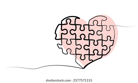 continuous drawing of a heart from puzzles in one line. sector