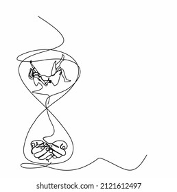 A Continuous Drawing Of An Hourglass, A Woman Falling Into Reliable Male Hands. The Concept Of The Psychology Of Trust