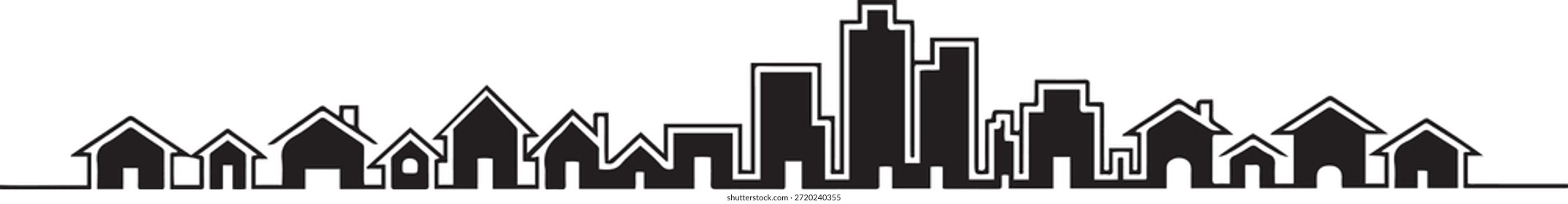 Dibujo continuo de la casa Negro, concepto de edificio residencial. Paisaje panorámico de la arquitectura de la metrópoli, rascacielos. Vector de diseño negro silueta
