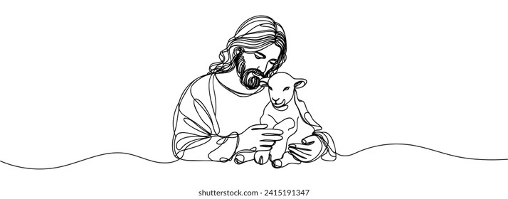 continuous drawing of Jesus Christ holding a lamb in his arms.