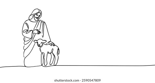 continuous drawing of Jesus Christ with a lamb. one line vector illustration of Jesus Christ with a lamb in his hands