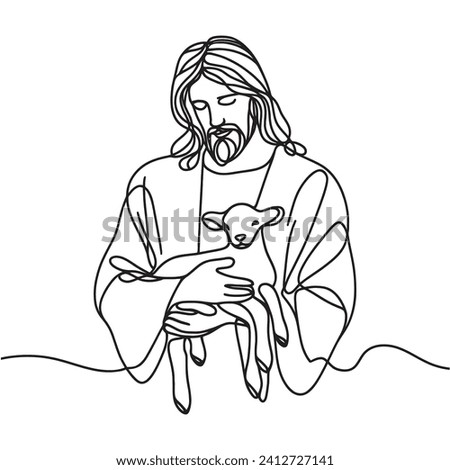continuous drawing of Jesus Christ with a lamb. one line vector illustration of Jesus Christ with a lamb in his hands