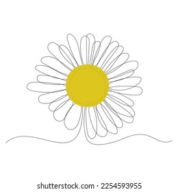 Continuous drawing line art of daisy. Chamomile with a yellow middle. One line drawing art. Vector illustration.