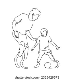 Línea de dibujo continua de la persona discapacitada en prótesis. Discapacidad humana.  Un hombre con dos piernas amputadas en prótesis enseña a un niño con prótesis a jugar al fútbol.