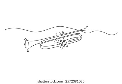 Continuous drawing line art of trumpet instrument with black line and white background, One line drawing of trumpet with music notes tone design. Classical jazz music instrument.