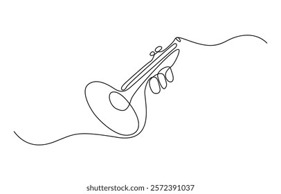 Continuous drawing line art of trumpet instrument with black line and white background, One line drawing of trumpet with music notes tone design. Classical jazz music instrument.