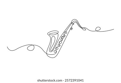 Continuous drawing line art of trumpet instrument with black line and white background, One line drawing of trumpet with music notes tone design. Classical jazz music instrument.