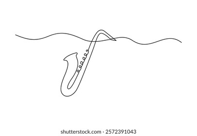 Continuous drawing line art of trumpet instrument with black line and white background, One line drawing of trumpet with music notes tone design. Classical jazz music instrument.