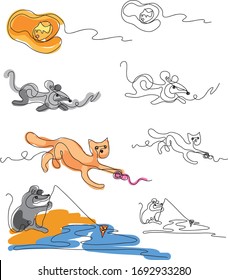 Continuous drawing line. The cat sleeps and plays, the mouse fishes. Vector illustration
