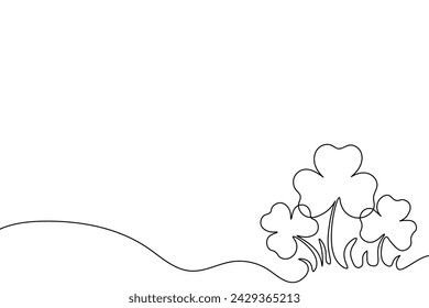 Continuous drawing line with clover outline isolated on transparent background. Happy St. Patrick's Day banner. Black line vector illustration.