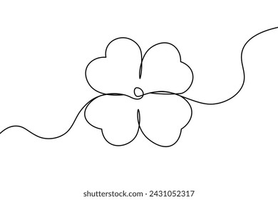 Continuous drawing line with a large clover outline isolated on a transparent background. Happy St. Patrick's Day banner. Black line vector illustration.