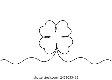 Continuous drawing line with a large clover outline isolated on a transparent background. Happy St. Patrick's Day banner. Black line vector illustration.