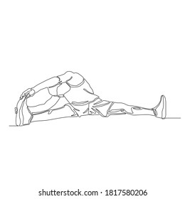 Continuous drawing line of man bending over his body to right side to use hand touch his shoe. stretching body vector