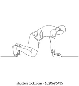 Continuous drawing line of man crawling, put knees and palms on the ground, breath out and lift up back curve as an arch. belly exercise concept vector