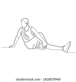 Continuous drawing line of man crossing his leg in other side and using left elbow pushing knee for stretching body. warming up before exercise vector