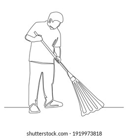 Continuous drawing line of man holding broom sweepig the ground vector