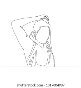 Continuous drawing line of man lifting left elbow up and using right hand to pull close his head vector. stretching arm, warm up before exercise concept.