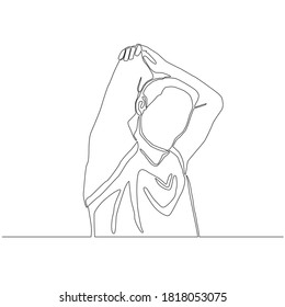 Continuous drawing line of man lifting right elbow up and using left hand to pull close his head vector. stretching arm ,warm up before exercise concept.