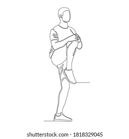 Continuous drawing line of man lifting his right leg up , using hands supporting knee and pulling it close to his chest. stretching body vector.