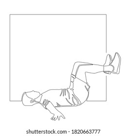 Continuous drawing line of man lying on the ground and put feet on the wall. Hip lift exercise concept vector.