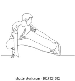 Continuous drawing line of man stretching his left leg and using hand touch shoe as much as possible. warm up concept vector