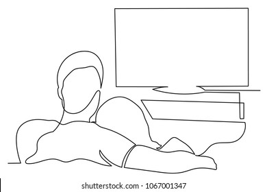 continuous drawing line young man   woman are sitting and their backs   watching TV  Place for text  concept home comfort  Black line white background 