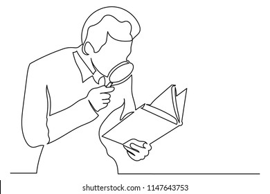 línea de dibujo continua joven, hombre de negocios lupa en sus manos mirando el libro. concepto de formación del personal, búsqueda de información, gestión y gestión. Desarrollo empresarial. Logo.