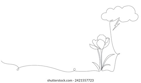 Continuous drawing of lines. Clouds with a thunderstorm over a flower. Weather conditions. Black isolated on a white background. Hand drawn vector illustration.