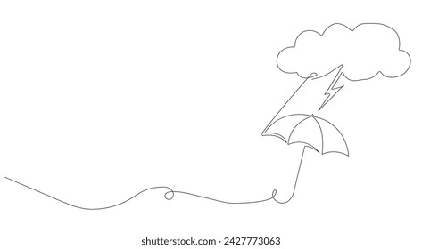 Continuous drawing of lines. Clouds with a thunderstorm over an umbrella. Weather conditions. Black isolated on a white background. Hand drawn vector illustration.