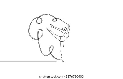 Continuous drawing of lines. Girl gymnast with ribbon. Rhythmic Gymnastics. Physical sports exercises. Vector linear illustration, outline