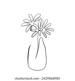 Continuous drawing of lines. Line art daisy in a vase. Continuous line drawing. Vector minimalist