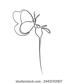 Continuous drawing of lines. Line art continuous drawing of a butterfly on a flower. Vector minimalist design