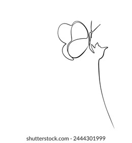 Dibujo continuo de líneas. Dibujo continuo de una mariposa en una flor