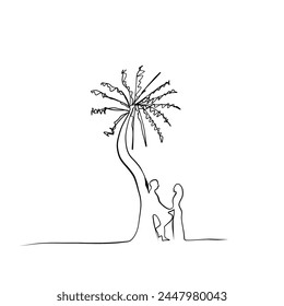 Continuous drawing of lines. Line art of a couple near a palm tree. Vector minimalistic