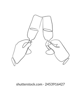 Continuous drawing of lines. Line art of two glasses in hands. Continuous drawing of lines.