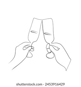 Continuous drawing of lines. Line art of two glasses in hands. Continuous drawing of lines.