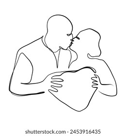 Continuous drawing of lines. Line art of kissing lovers with heart. Continuous line drawing.