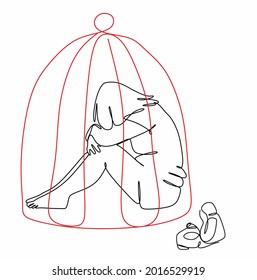 a continuous drawing of a little girl locked in an iron cage. Restriction of the rights of the child, The concept of violence in the family of children, the concept of the psychology of education