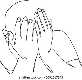 continuous drawing of a man covering his face with his hands, a concept of psychology. Despair, anxiety