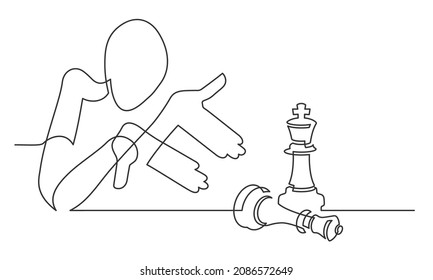 Continuous drawing of a man pointing with his hands to chess. Pointery gesture. Vector illustration