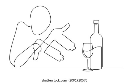 Continuous drawing of a man pointing with his hands to alcohol. Wine glass and wine bottle. Pointery gesture. Vector illustration