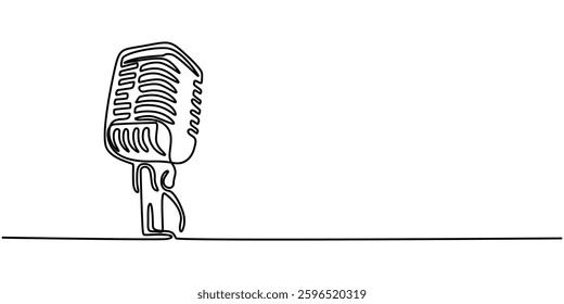  A continuous drawing of a microphone. Microphone icon. Microphone icon on a white background. Modern illustration. Microphone line art, Continuous Line Drawing of Karaoke Icon. Hand Drawn Symbol. 