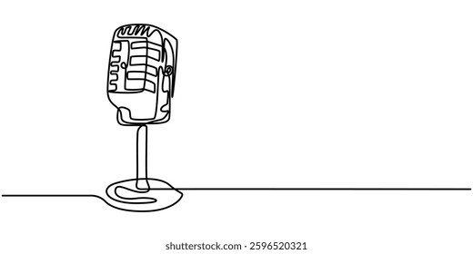  A continuous drawing of a microphone. Microphone icon. Microphone icon on a white background. Modern illustration. Microphone line art, Continuous Line Drawing of Karaoke Icon. Hand Drawn Symbol. 