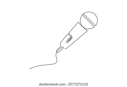 Continuous drawing of microphone. One line icon of microphone. One line drawing background. Retro microphone in one line drawing. Music and podcast recording tool.