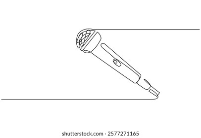 Continuous drawing of microphone. One line icon of microphone. One line drawing background. Retro microphone in one line drawing. Music and podcast recording tool.