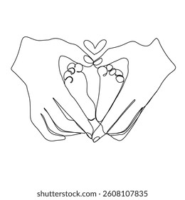 Continuous Drawing of Mother's Hand and baby feet with one line vector art. Baby newborn feet and hand line art with heart shaped.